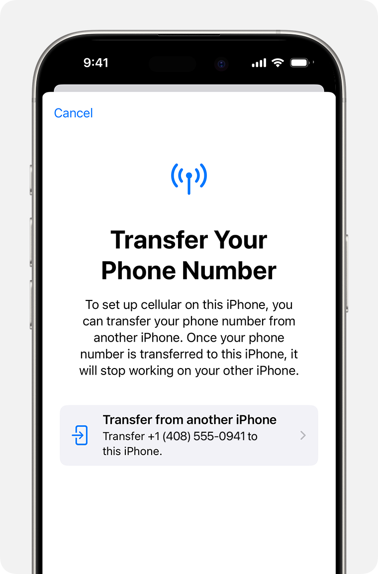 iPhone screenshot of setup of eSIM with option to transfer cellular plan from another iPhone.